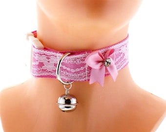 Rosa Weiße Spitze Glocke Choker Halsband, Welpe Pet Play Accessoire, Kawaii Goth Stil