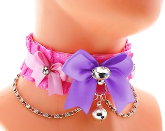 Kitten pet ply collar pink satin lace choker chain necklace with lace ring, purple bow and bell, handmade, I have several colors and sizes