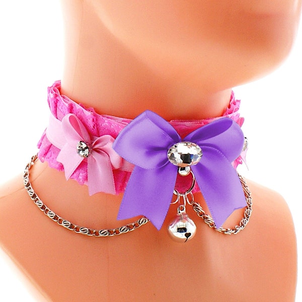 Kitten pet ply collar pink satin lace choker chain necklace with lace ring, purple bow and bell, handmade, I have several colors and sizes