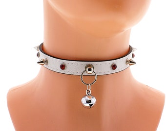 White vegan leather o ring choker spiked and bell collar, leather spiked collar, spiked choker, leather punk collar