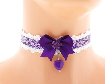 gargantilla de mujer collar púrpura satén blanco encaje corazón joyería kawaii princesa neko niñas traje lindo regalo hecho a mano hecho a pedido