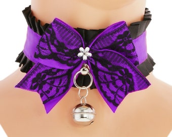 Purple kitten petplay collar bell choker gothic cat girls necklace bow satin kawaii neko puppy play pet play princess costume goth plus size