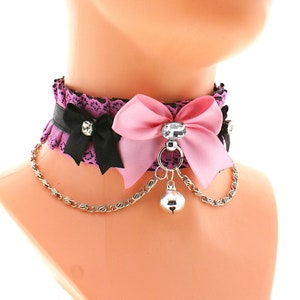 Kitten Pet Play Collar Pink Satin Lace Choker with Bell and Chain, Hanmade