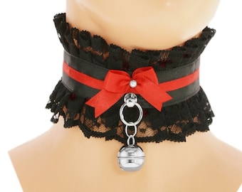 Collar de juego de mascota gatito humano collar de gargantilla de encaje satinado rojo negro con lazo de anillo de encaje y traje de cosplay kawaii de campana hecho a mano, hecho a medida
