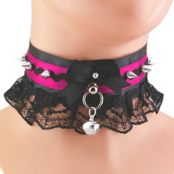 Kitten pet play collar spikes gear choker necklace black lace ruffles satin bow bell daddys girl kawaii pastel gothic cute cosplay