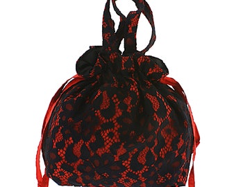 Womens handbag drawstring bucket bag satin lace black red formal handbag evening wristlet bag handmade, clutch bag, vintage bag, pouch bag