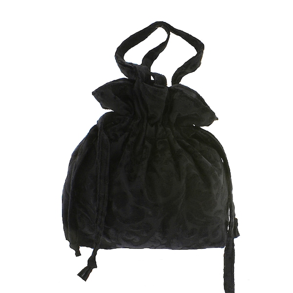 Drawstring bucket black bag women's velvet patterned handbag formal handbag evening bag, wristlet bag handmade clutch bag vintage pouch bag