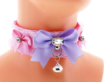 Pink kitten pet play collar ddlg satin choker necklace with organza ring bow and bell, handmade, made to order