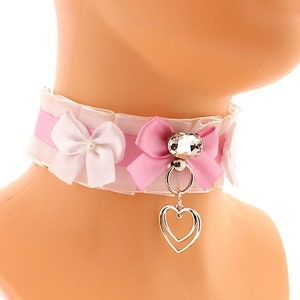 Pink Satin Organza Bow Choker Necklace, Kawaii Neko Heart Collar Handmade XS - 5XL