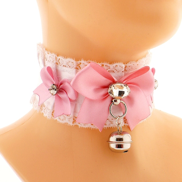 Kitten pet play collar, satin lace choker, princess ddlg cute gear collar, pink bow with gem jewel necklace, choker bell pendant, handmade