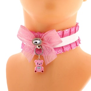 Pink Bow Collar, Satin Lace Choker, Gem Bear Pendant Kawaii, Handmade
