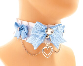 Blue white kitten petplay collar choker chain, satin lace bow with o ring with heart pendant neko kawaii cute jewelry handmade made to order