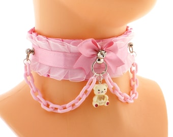 Kawaii chain choker, kitten pet play collar, satin organza choker necklace, collar with plastic chain bow with a gem bear pendant pastel