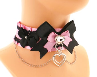 Pink kitten petplay collar choker chain satin lace bow with o ring with heart pendant neko kawaii cute jewelry, handmade gift made to order