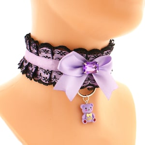 Lilac Black kitten pet play collar choker necklace lace satin bow with a gem, bear pendant pastel kawaii neko lolita princess handmade gift