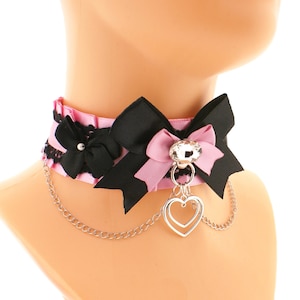 Gatito rosa mascota jugar collar gargantilla cadena lazo de encaje satinado con anillo o con colgante de corazón neko kawaii linda joyería, regalo hecho a mano hecho a pedido Rosa