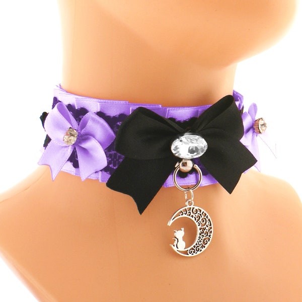 Purple kitten play collar choker ddlg satin lace with a gem bow with o ring, pendant moon with cat, neko kawaii cute jewelry, made to order