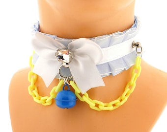 Kawaii chain choker, kitten pet play collar, blue satin organza cute choker necklace, collar with plastic chain bow with a gem bell pendant