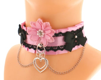 Pink black romantic collar choker chain, satin lace bow with flower o ring with heart pendant neko kawaii cute jewelry made to order