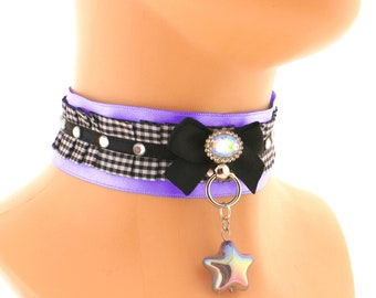 Romantisches, luxuriöses lila-schwarzes Halsband mit Satinschleife und Edelstein-O-Ring mit Sternanhänger, süßes Prinzessinnenjuwel mit Glassteinen, auf Bestellung gefertigt