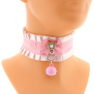 Kawaii pink white kitten pet play collar daddys neko lolita choker satin lace bow with heart o ring with bell pendant handmade made to order
