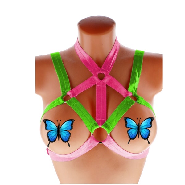 Fashion neon pink green harness elastic strappy lingerie chest top stretch ribbon body cage ring fashion pastel minimalist belt nightgown