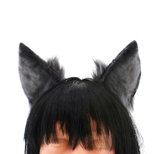Grey black furry ears wolf with headband realistic animal cosplay costume handmade