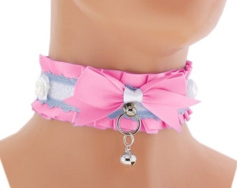 Collana girocollo rosa baby gattino pet play collare ingranaggio raso blu pizzo fiocco principessa neko kawaii gioielli fatti a mano regalo su ordinazione