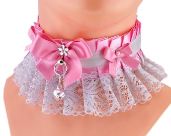 Kitten play collar ddlg pink satin collar lace choker necklace with gray silver lace ring bow and bell kawaii handmade, made to order