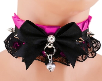 Collier ras de cou avec pointes pour chaton, tour de cou en dentelle de satin fuchsia, collier avec noeud en dentelle noire et tour de cou cloche fait main, sur mesure