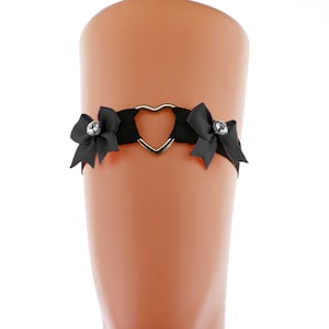Black thigh garter metal heart with satin bow, elastic garter strap on the leg handmade made to order all sizes