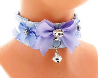 Collana girocollo in organza celeste, collare da gioco per gattini, strass di cristallo con fiocco viola con campanella, accessori kawaii principessa pastello