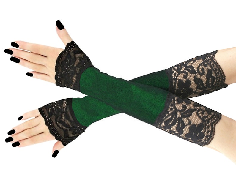 Black green womens gloves striped evening fingerless long warmers costume glamour elbow length elastic lace elegant romantic clothing