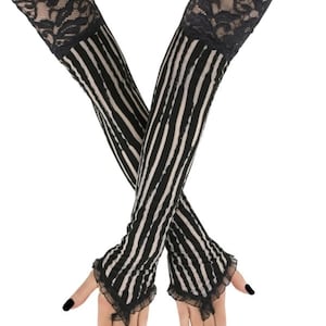 Striped gloves, elegant glamour evening sleeves, black white extra long arm warmers long fingerless gloves festivals womens costume sleeves