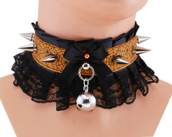 Kitten pet play collar gothic cat choker, spikes satin lace ruffles choker orange web necklace with black lace o ring bow pendant bell