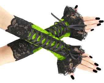 Womens gloves neon green velvet black lace fingerless gothic warmers formal goth costume evening gloves costume lacing corset handmade gift