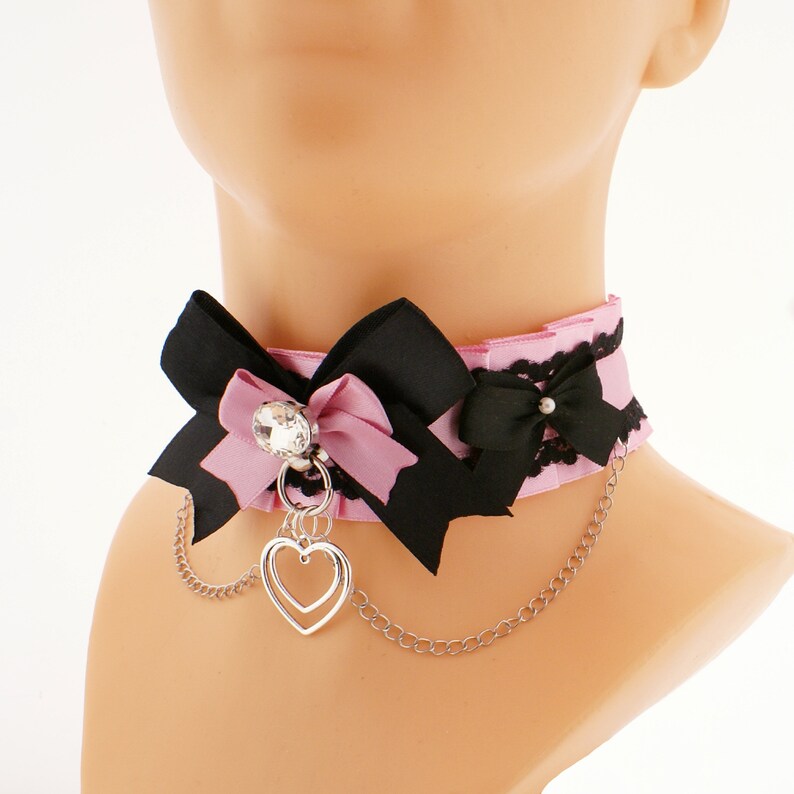 Gatito rosa mascota jugar collar gargantilla cadena lazo de encaje satinado con anillo o con colgante de corazón neko kawaii linda joyería, regalo hecho a mano hecho a pedido imagen 5