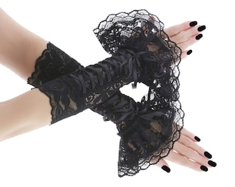 Black goth lace women gloves ruffled fingerless evening arm warmers gothic lacing corset