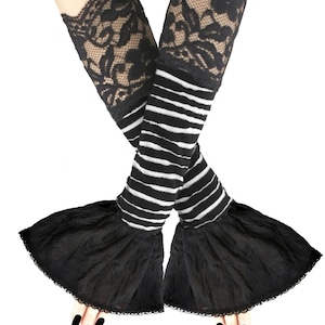 Elegant striped gloves glamour evening ruffled white black lace long romantic arm warmers sleeves fingerless womens costume sleeves handmade