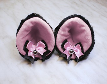 Faux Fur Pink Cat Ears, Metal Headband or Clip, Kawaii Neko Cosplay Costume Accessory Pink Bow and Bell Kitten Play Gear, Handmade Ear Prop