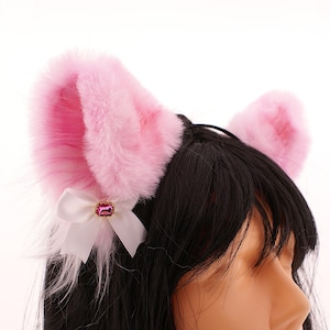 Pink Cat Ears Headband Faux Fur, Satin Bow, Neko Cosplay Costume