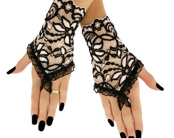 White Black Lace Fingerless Gloves, Short Bridal Wrist Cuffs, Gothic Wedding Handwear, Victorian Costume Sleeves, Plus Size XS-3XL, Handmade