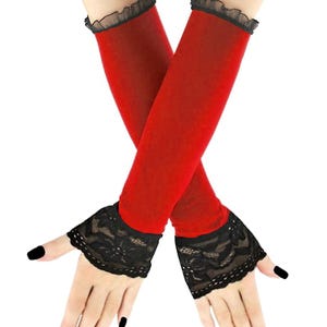 Sleeves womens gloves black red with lace elegant fingerless evening warmers goth costume made to order handmade all sizes glove