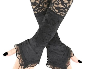Guantes sin dedos de encaje y terciopelo negro, calentadores de brazos góticos, hasta el codo, accesorios para disfraces de burlesque.