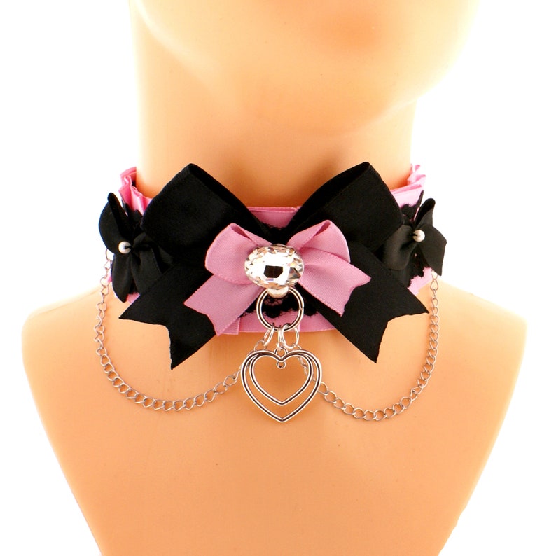 Gatito rosa mascota jugar collar gargantilla cadena lazo de encaje satinado con anillo o con colgante de corazón neko kawaii linda joyería, regalo hecho a mano hecho a pedido imagen 8