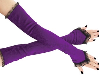 Gants en velours violet noir sans doigts extra longs pour femmes, manchettes opéra gothique gothique grande taille disponible