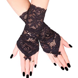 Guantes negros sin dedos de encaje, mangas cortas góticas de noche de 25 cm con presilla para el dedo, calentadores de brazos victorianos puntiagudos, tallas grandes XS-3XL