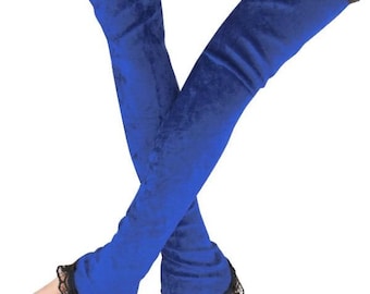 Handgemaakte blauw-zwarte kanten fluwelen handschoenen, 20-inch extra lange vingerloze mouwen met lus, donkerromantisch esthetiek, avondaccessoire, XS-3XL