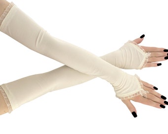 extra long beige fingerless gloves womens arm warmers over elbow opera gloves whole wedding formal gloves