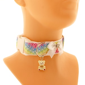 Kitten pet play collar, buckle collar choker rainbow ribbon sturdy bow collar for play d ring and bear human neko kawaii cosplay costume